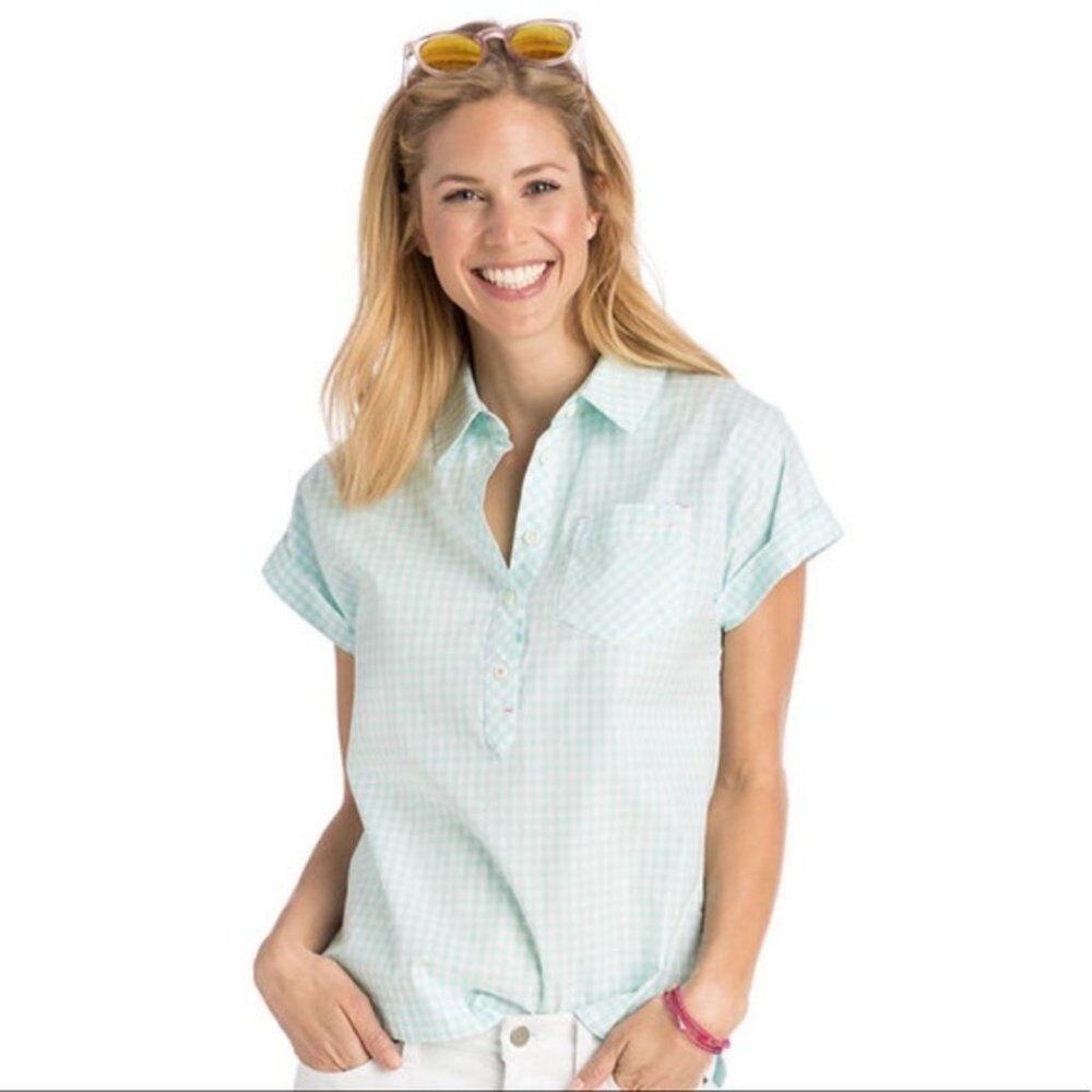 Vineyard Vines Mint Green Gingham Check Collared Popover Shirt Top Size 0